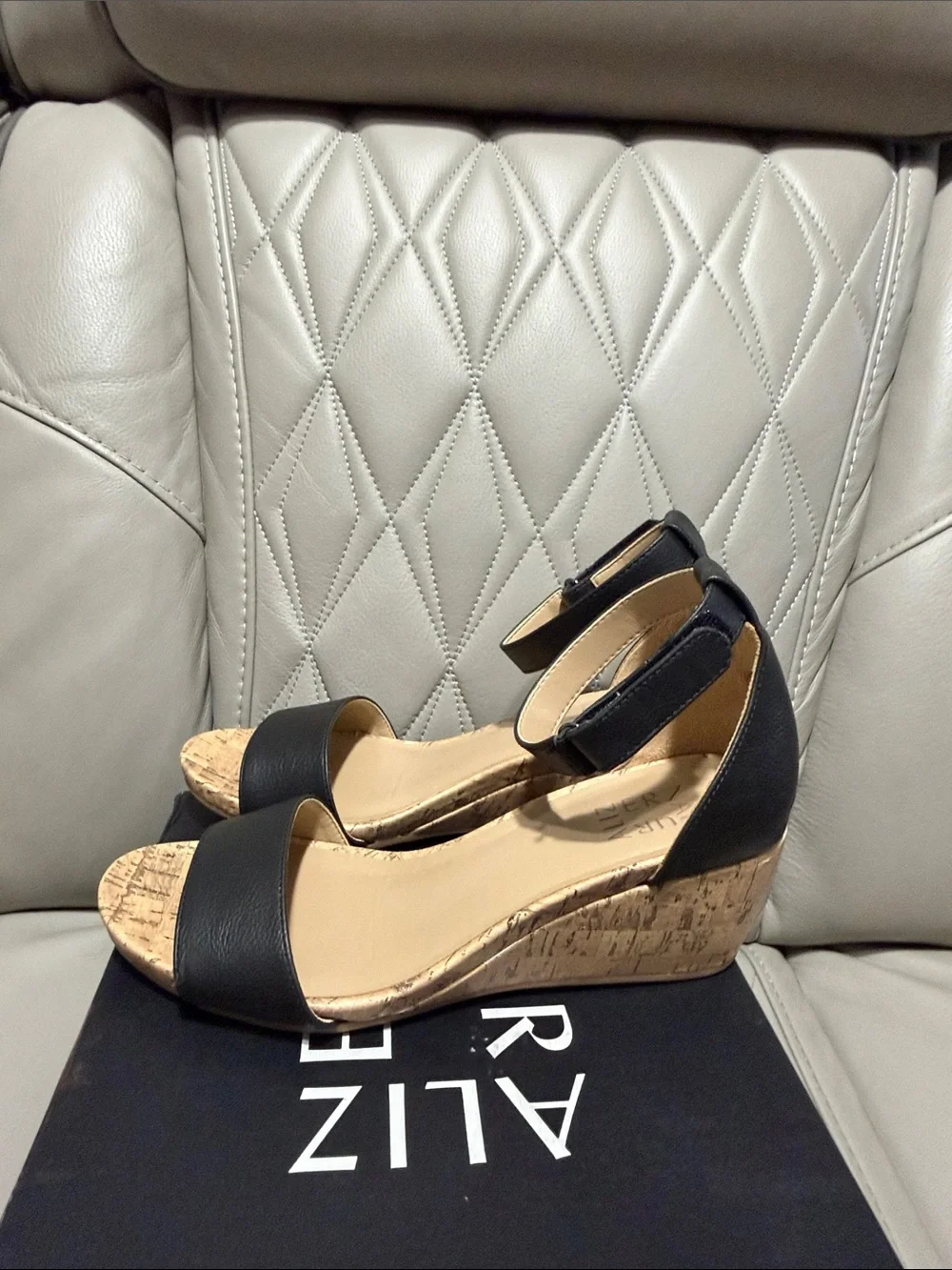 Naturalizer Areda Black Cork Wedge Ankle-Strap Sandal